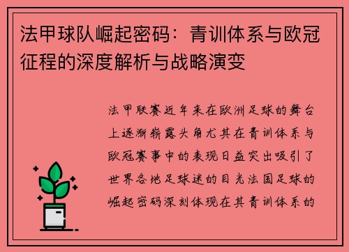 法甲球队崛起密码：青训体系与欧冠征程的深度解析与战略演变