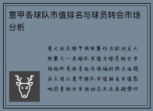 意甲各球队市值排名与球员转会市场分析