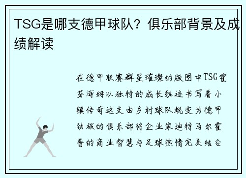 TSG是哪支德甲球队？俱乐部背景及成绩解读